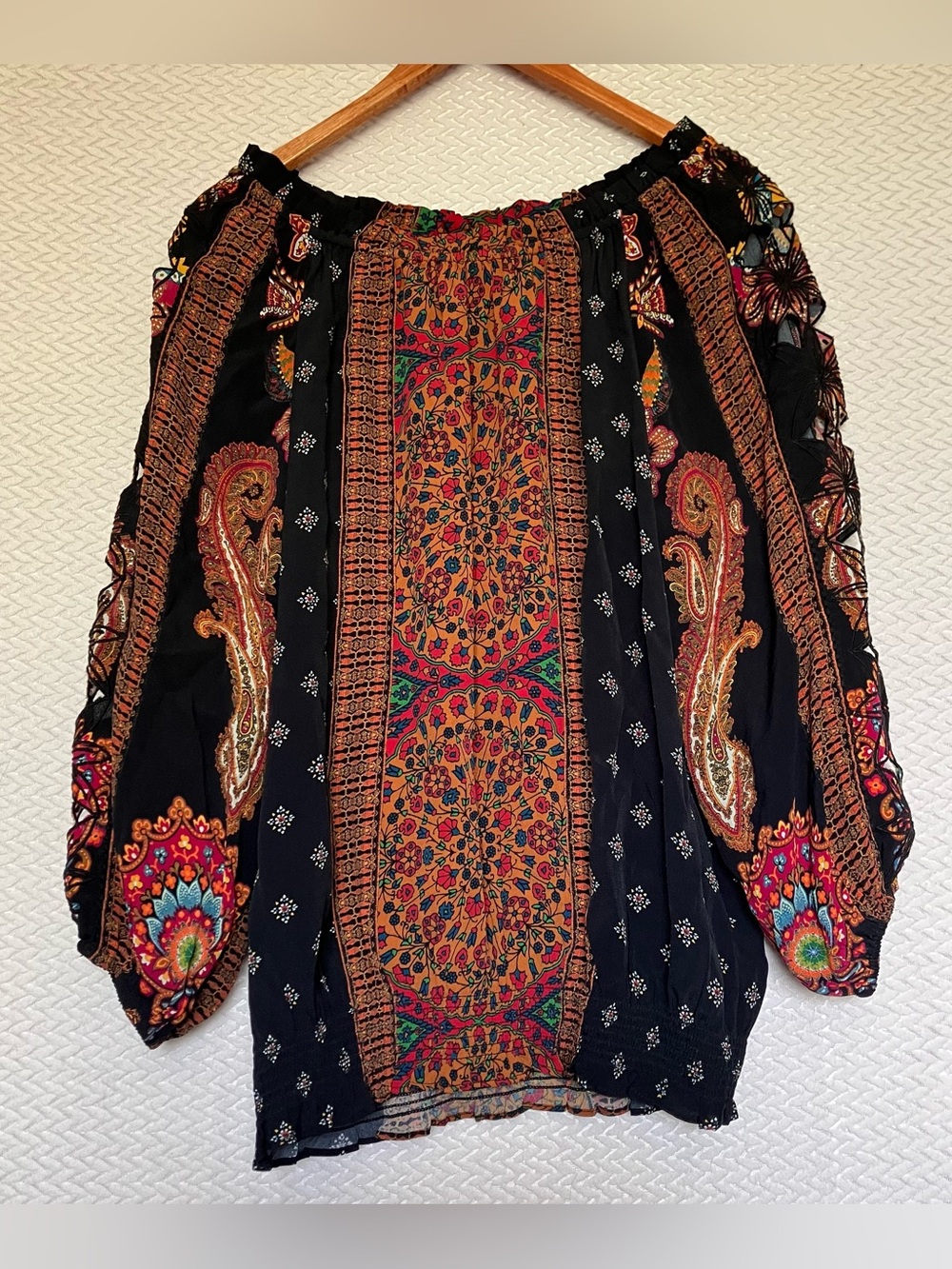 Desigual Boho Off Shoulder Paisley Floral Blouse Cutout Sleeve Peasant Top Small